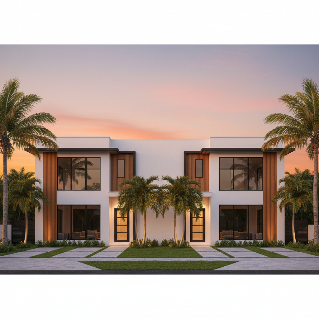 8025 Complex front elevation at dusk